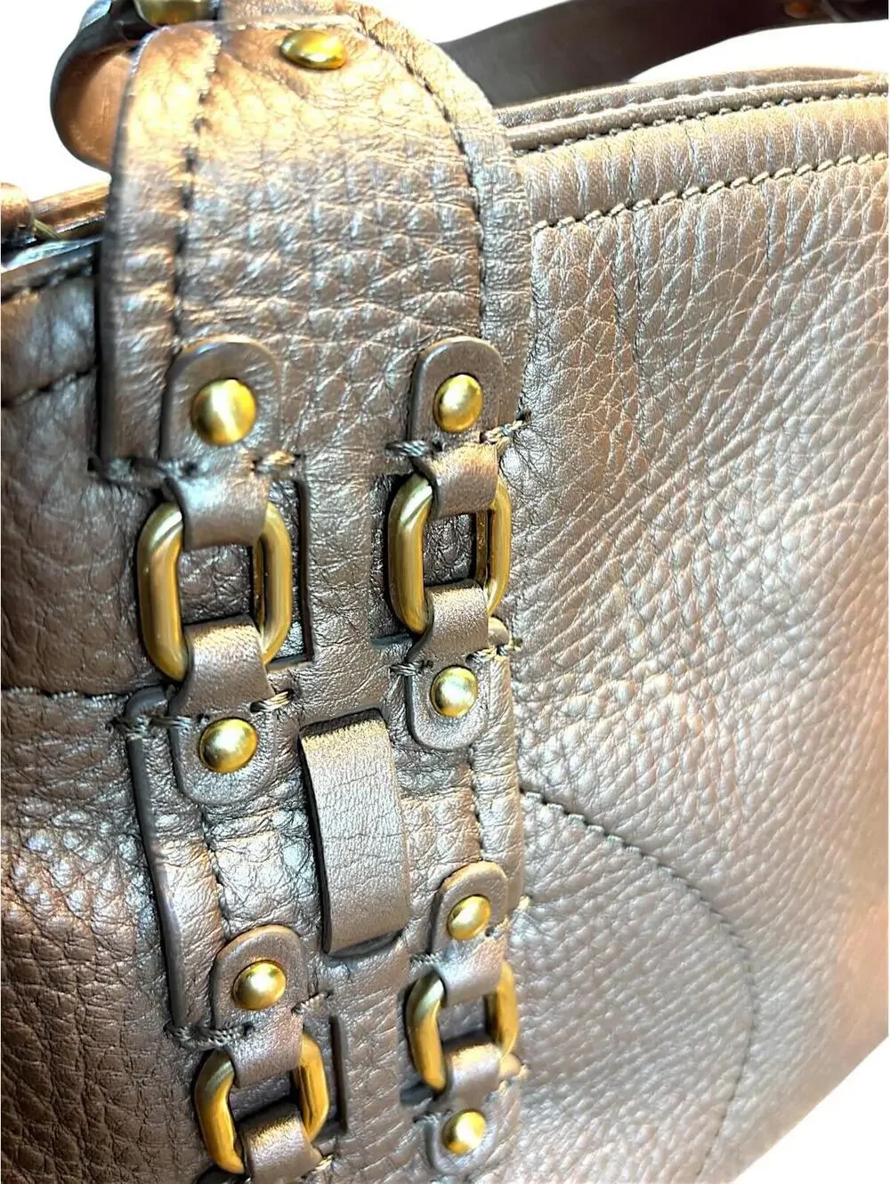 Cole Haan Metallic Bronze Leather Handbag with Gold Tone Hardware